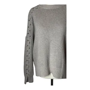 AllSaints Sweater Women XS Tan Crew Neck Cotton‎ Knit Aria Laced Short Jumper thumbnail 8
