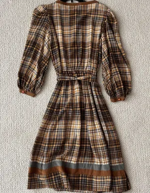 Vintage Silk Brown Checkered Dress Size 6 thumbnail 3