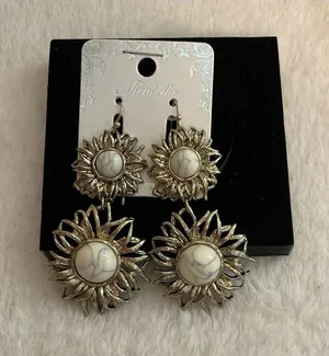 White Marble Sunflower Drop Earrings - Gold Tone thumbnail 1