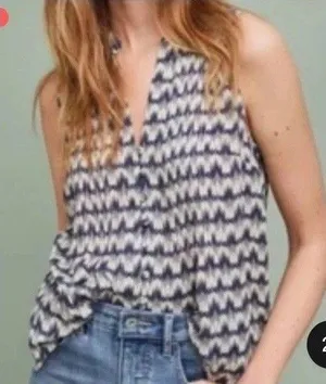 Anthropologie Maeve Ikat Print Sleeveless Tank Blouse Cream Navy Blue Sz S Boho thumbnail 1