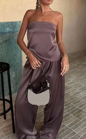 Amazon Dusty Purple Satin 2-Piece Set Strapless Backless Top and Wide Leg Pants thumbnail 1
