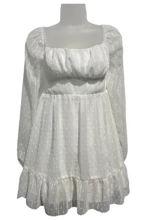 SHEIN White Swiss Dot Long Sleeve Tie Back Cutout Mini Dress Size M thumbnail 1