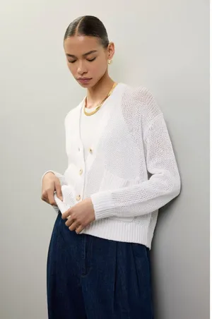 POLO RALPH LAUREN White Linen Blend Long Sleeve Knit Button Front Cardigan M thumbnail 1