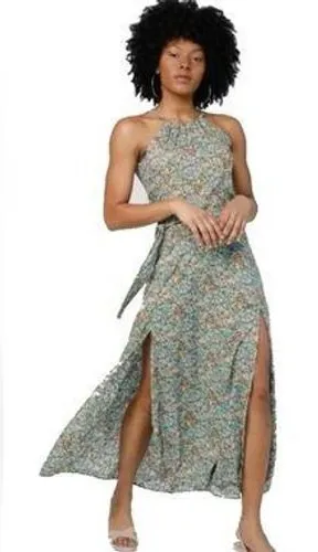 Silk & Salt‎ NWT Teal Floral Halter Maxi Dress Tie Waist Double Slit Medium thumbnail 1