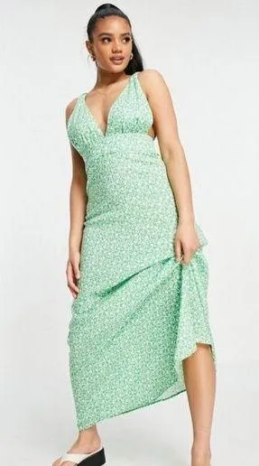 ASOS Plunge Maxi Dress in a Green Based Ditsy Floral Print - Size 10 thumbnail 1