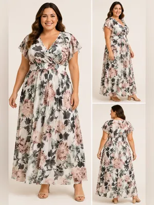 Alexa B Nites Floral Chiffon Maxi Dress Size 14W Wrap V Neck Flutter Sleeve thumbnail 2