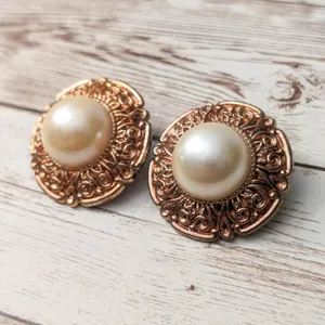 Vintage Clip On Earrings - Light Copper Tone Halo with Faux Pearl Large thumbnail 2