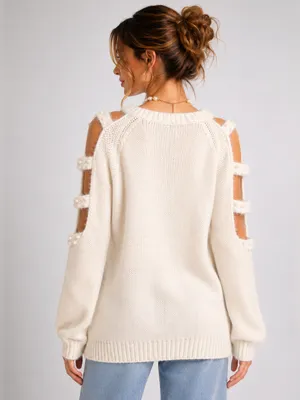 Easel Cream Pearl Cutout Sleeve Fuzzy Knit Sweater S/M thumbnail 2