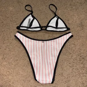 Victoria's Secret Heritage Stripe Sequin Two Piece Bikini Brazilian Pink White S thumbnail 4