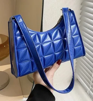 Shein Quilted Pattern Baguette Shoulder Bag Purse Blue Diamond Grid Zipper thumbnail 1