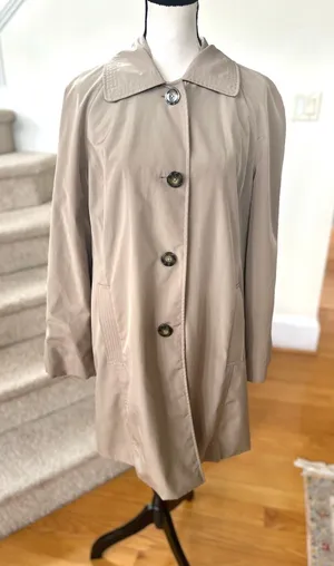 London Fog Tan Khaki Button Front Black Plaid Lined Trench Coat thumbnail 1