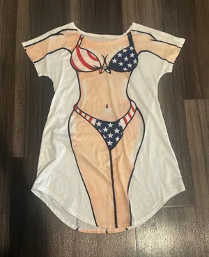 Women’s Graphic Tee with American Flag Bikini Print - White thumbnail 1