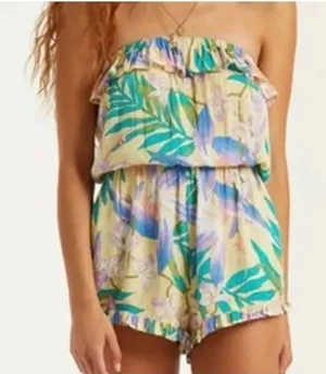 EUC Billabong strapless romper tropical floral print ruffle‎ neckline coastal XS thumbnail 1