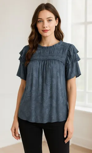 Pookie & Sebastian Shirt Women Large Blue Floral Ruffle Trim Blouse‎ Tropical thumbnail 1