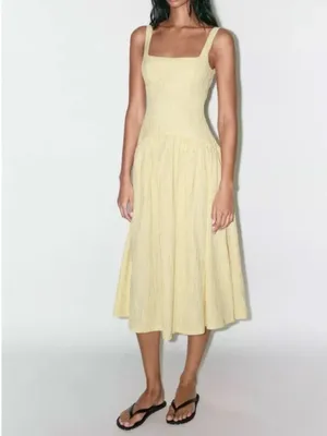 ZARA Textured Low Back Midi Dress in Vanilla Yellow Butter Size Medium thumbnail 2