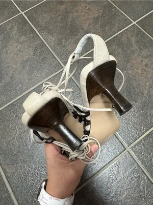 COS Lace Up Strappy Square Toe Sandals Leather Heels Black Cream US 10 EU 41 thumbnail 7