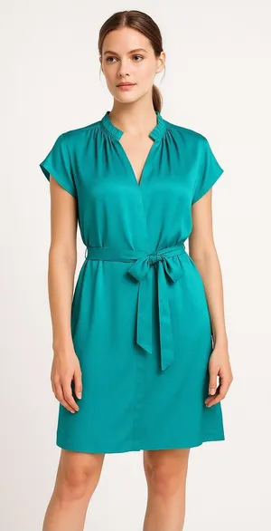 Current Air‎ Dress Women Medium Teal Silky Belted V Neck Short Sleeve Mini Party thumbnail 1