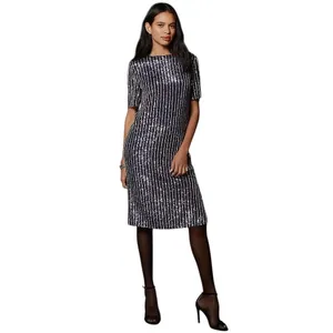 Anthropologie Flat White Sequin Stripe Midi Dress Womens M Blue Evening Cocktail thumbnail 3