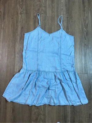 American Eagle Outfitters Light Blue Chambray Ruffle-Hem Mini Dress thumbnail 3