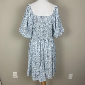 Mikarose Dress Womens Large Blue Floral Puff Sleeve Milkmaid Smocked Pockets‎ L thumbnail 8