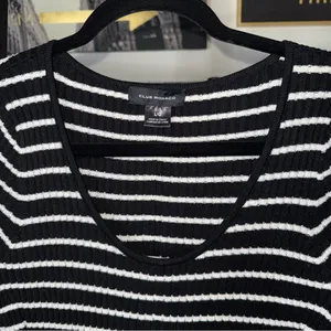 Club Monaco Black And White Striped Ribbed Midi Sweater Dress With Bell Sleeves thumbnail 9