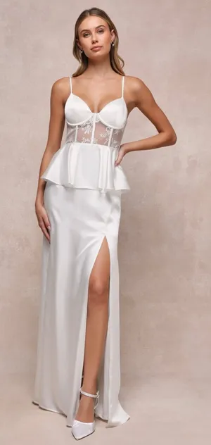 Lulus Iconic Adoration White Satin Peplum Sheer Bustier Maxi Dress Size M thumbnail 1