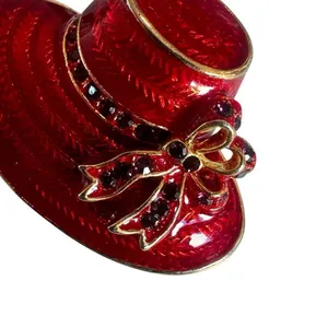 Red Enamel Wide-Brim Hat Brooch w/ Rhinestone Bow, Gold Tone thumbnail 2