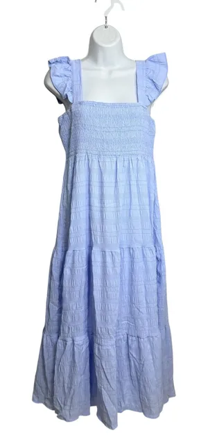 Womens Light Blue Seersucker Smocked Tiered Maxi Dress Ruffle Strap Size M thumbnail 1