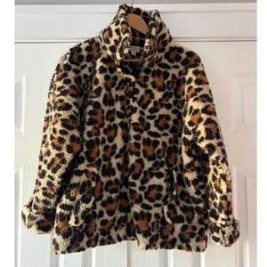 J.Crew Vintage Fleece Leopard Print Faux Fur Jacket Brown Tan Black Womens L thumbnail 3
