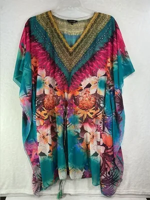 Elegant Floral Women's Tunic in Teal and Pink A556 thumbnail 1
