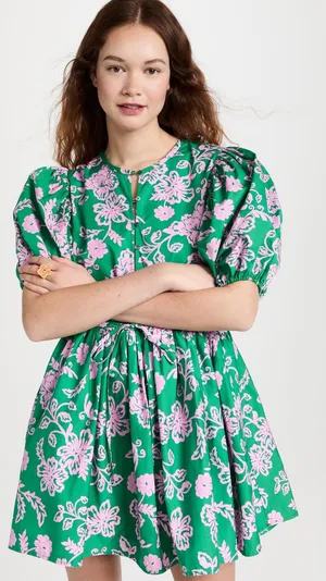 Xirena Aurie Mini Dress Large‎ Green Pink Floral Cotton Puff Sleeve Cottage Boho thumbnail 1