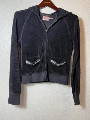 Juicy Couture Y2k black‎ Velour Zip Hoodie Rhinestone Pocket Trim Size S thumbnail 1