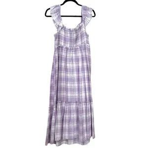 Main Strip Smocked linen type gingham plaid dress thumbnail 4