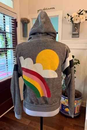 Wildfox RARE NWOT Gray Hooded Sweatshirt with Rainbow & Sun Back Graphic thumbnail 1