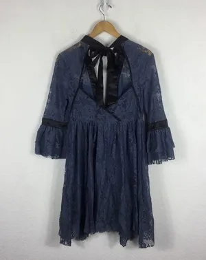 NWT Free People Gilded Lace Victorian Dusty Blue Bow Tunic Mini Dress Small thumbnail 14