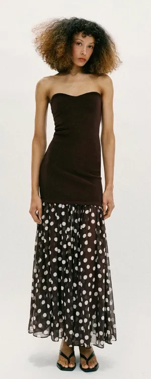 ZARA Strapless Brown Polka Dot Maxi Skirt Dress thumbnail 1