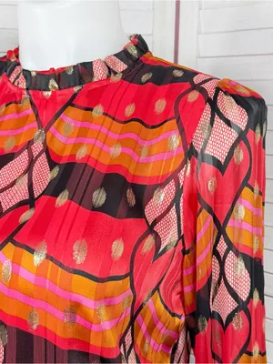 J Joie Printed Metallic Polka Dot Blouse Red Black‎ Pink Multi Large Smocked thumbnail 5