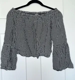Love, Fire Off-the-Shoulder Black and White Check Long Sleeve Crop thumbnail 1