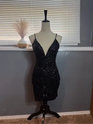 Lovesome Black Sequin Lace Up Open Back Bodycon Mini Dress Size M thumbnail 4