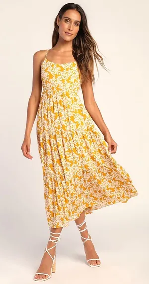 NWT Lulus | Catching Sunrays Mustard Yellow Floral Print Midi Dress, Small thumbnail 1