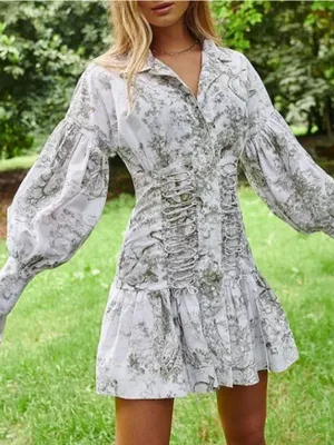 NWT Commense Sage-Print Corset-Detail Long Sleeve Mini Dress thumbnail 1