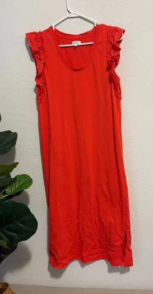 Vibrant coral Ruffle-Sleeve 100% Cotton Shift midi Dress M thumbnail 1
