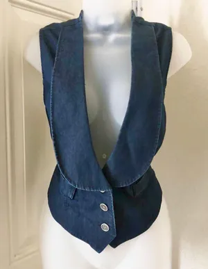 2000s Navy blue mini cropped jean denim vest waistcoat with a deep V-neck large lapel & button front. thumbnail 1