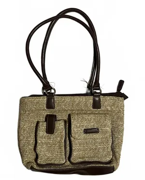 Khaki Canvas Textured Tote Bag with Brown Faux Leather Trim and Front Pockets thumbnail 1