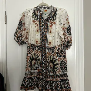 Farm Rio Flower Fan Tapestry Print Puff Sleeve Belted Mini Shirtdress thumbnail 4