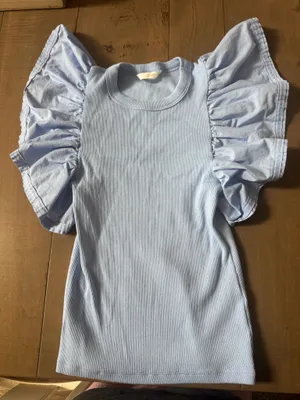 Zara Size Small light blue ribbed Ruffle Sleeve Top Blouse thumbnail 1