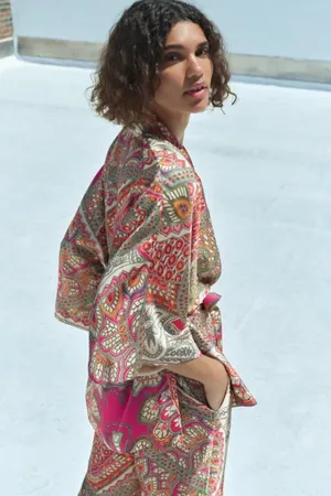 Zara Multicolor Satin Silk Paisley Print Duster Wrap Kimono Caftan Top Jacket thumbnail 2