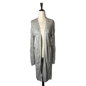 LOFT Outlet Cardigan Women Medium Grey‎ Open Knit Pointelle Longline Sweater thumbnail 2