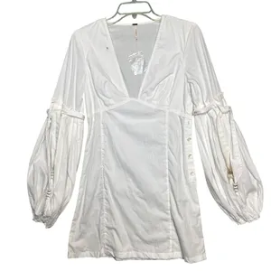 Free People Dress Womens XS White V-Neck Balloon Sleeve Mini Tassel Summer Boho thumbnail 2