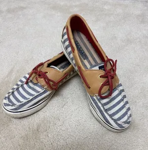 Sperry Navy & White Striped Canvas Boat Shoes with Tan Trim and Red Laces thumbnail 1